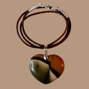 Polychrome Jasper Heart Pendant Brown Leather Cord Necklace Gift Good Fortune
